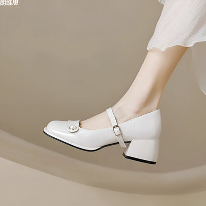 Women's patent leather chunky heel pumps with square toe and buckle fastening in three colour options