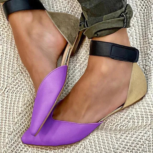 Women's beige Velcro fastening sandals with hollowed out design and flat heel