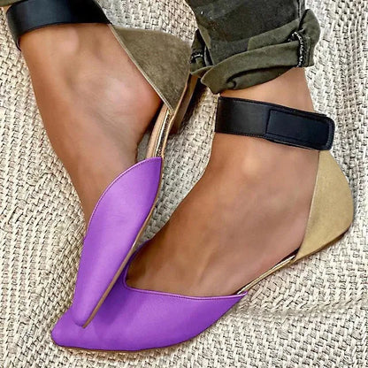 Women's beige Velcro fastening sandals with hollowed out design and flat heel