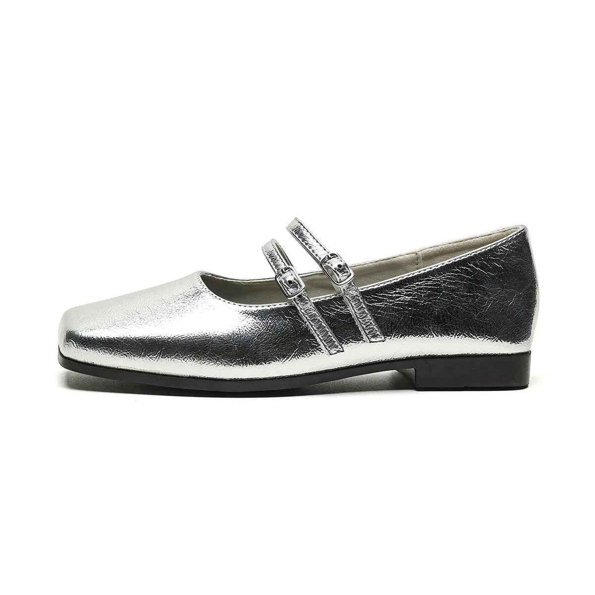 Women's silver genuine sheepskin Mary Jane ballet flats with an adjustable cross-buckle strap on the instep.