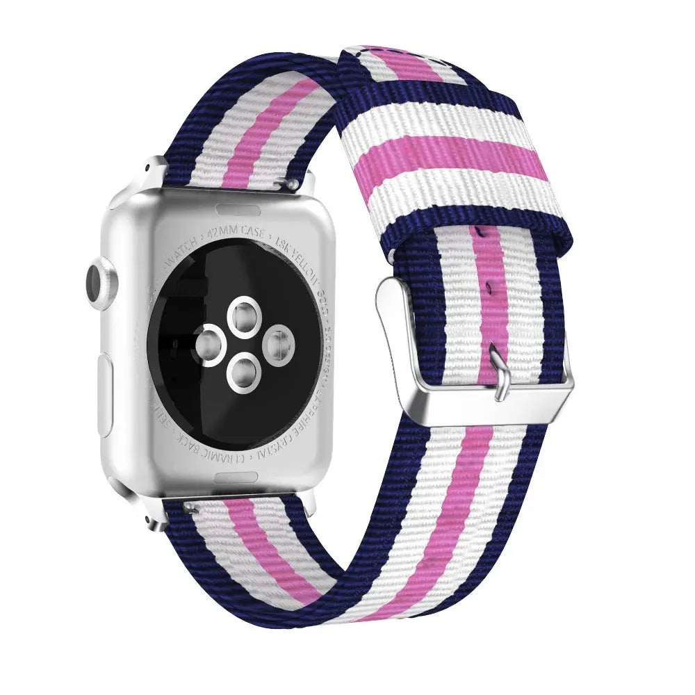 Split nylon watchband for Apple Watch in 38-49mm sizes with rainbow and striped colour options