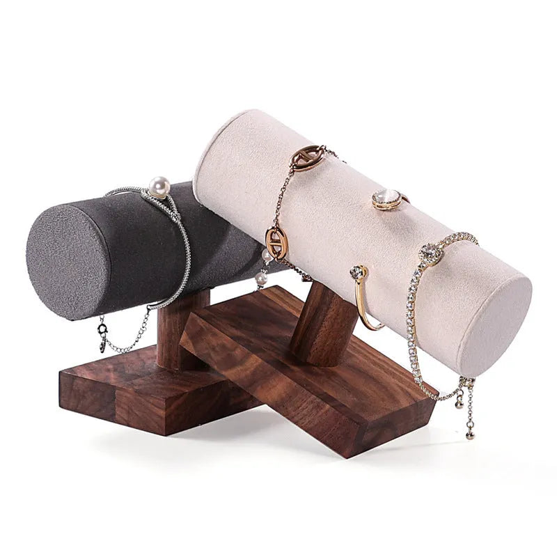 Walnut antique I-shaped wooden bracelet display stand with choice of velvet, leather or grey cylinder bases