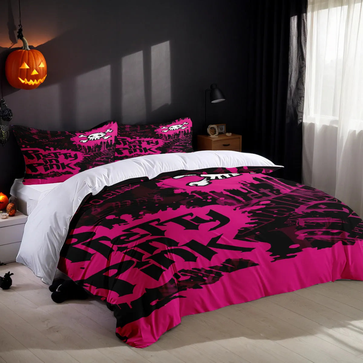 White three-piece bed set with digital printed pattern on chemical fibre fabric