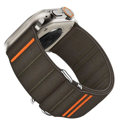 Nylon watch strap with stainless steel buckle for Apple Watch, shown in Army Green colour.