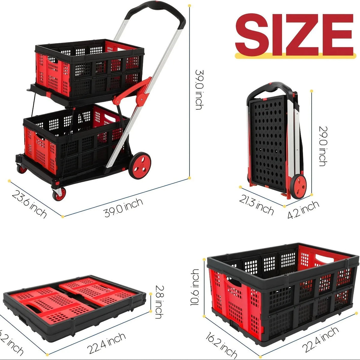 Blue foldable shopping cart with two plastic baskets, shown in an open position.
