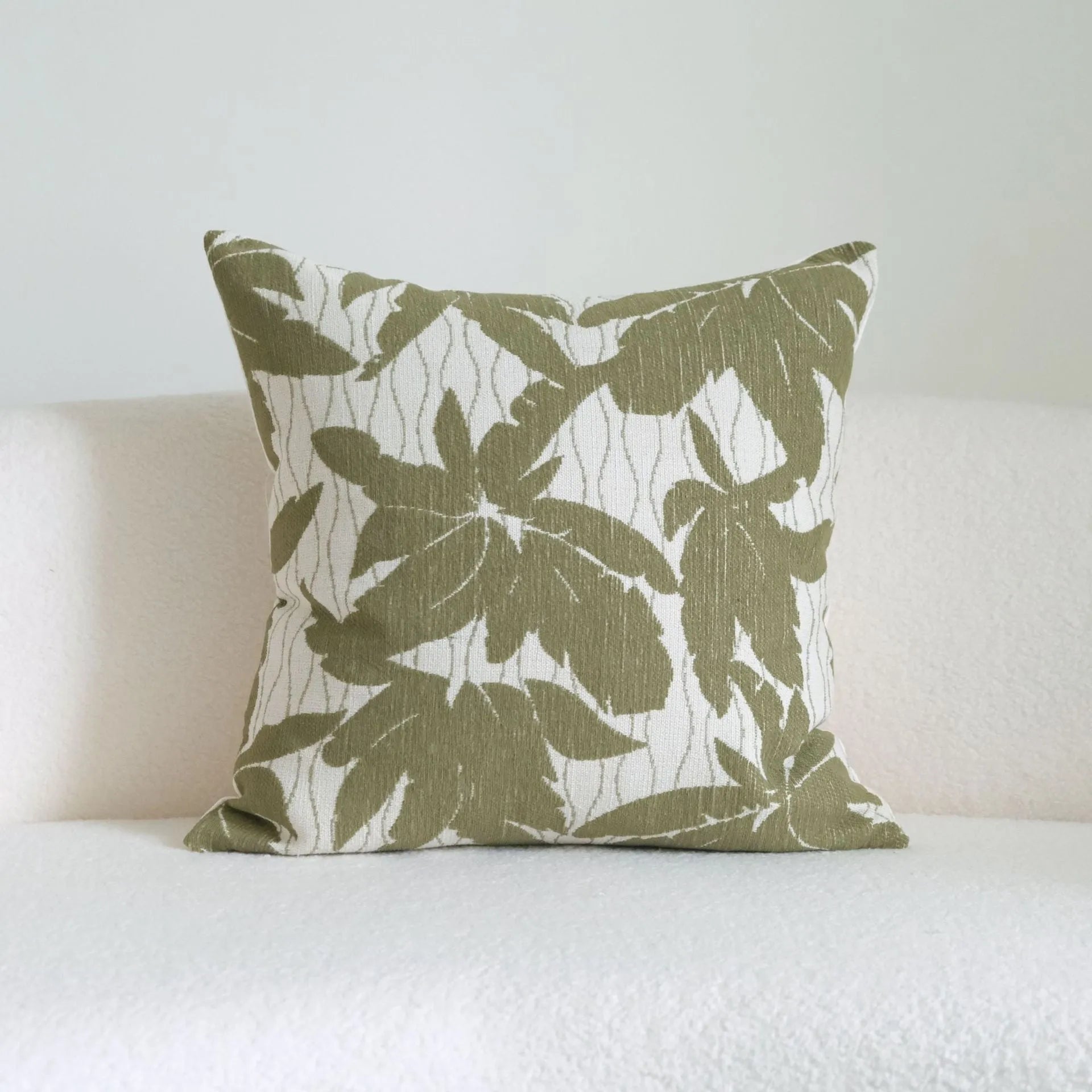 Green cotton and linen tassel pillow with silk floss filler in striped and leafy patterns, sizes 30x50cm to 50x50cm