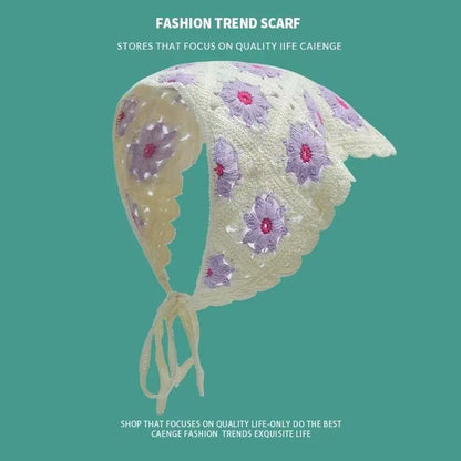 French retro triangle shawl in floral pattern, 100% cotton, 120cm sides for headscarf or neck wrap