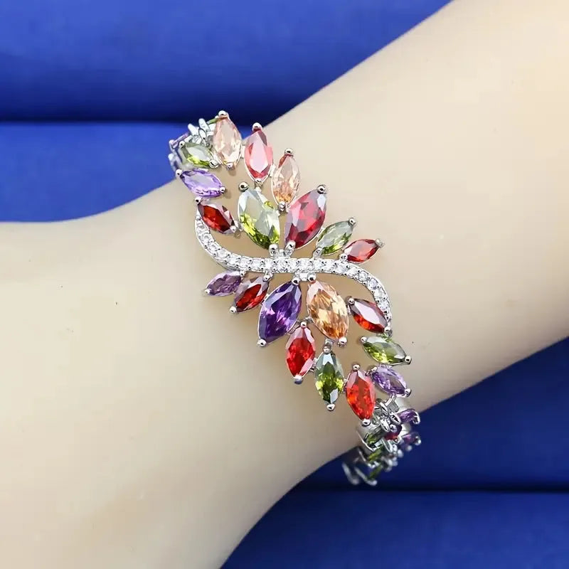 Copper bracelet with gold electroplating and micro-inlaid zircon stones in ice flower design