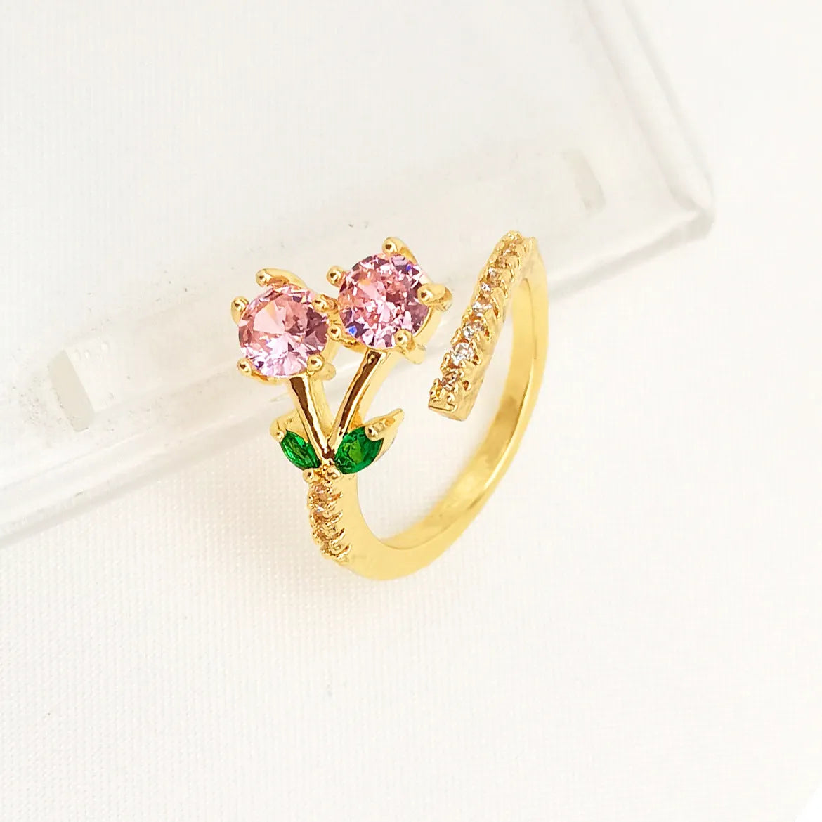 Copper geometric open ring with leaf design and zircon accents for women