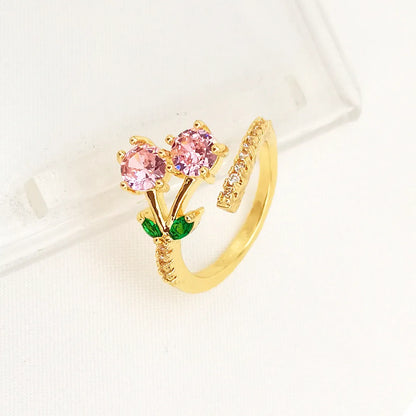 Copper geometric open ring with leaf design and zircon accents for women