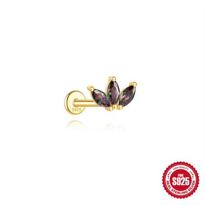 Sterling silver flat head thread piercing earrings with geometric shape and rainbow stone detail