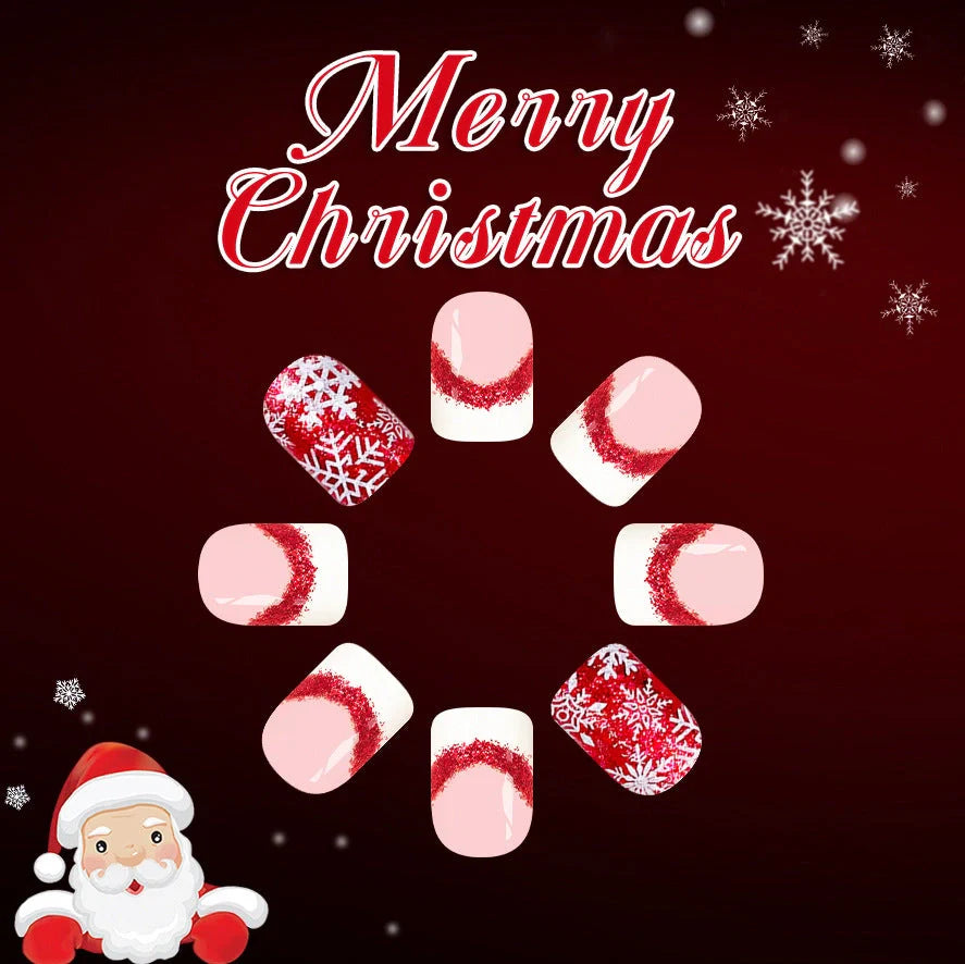 Short glossy square false nails with white French tips for Christmas manicures