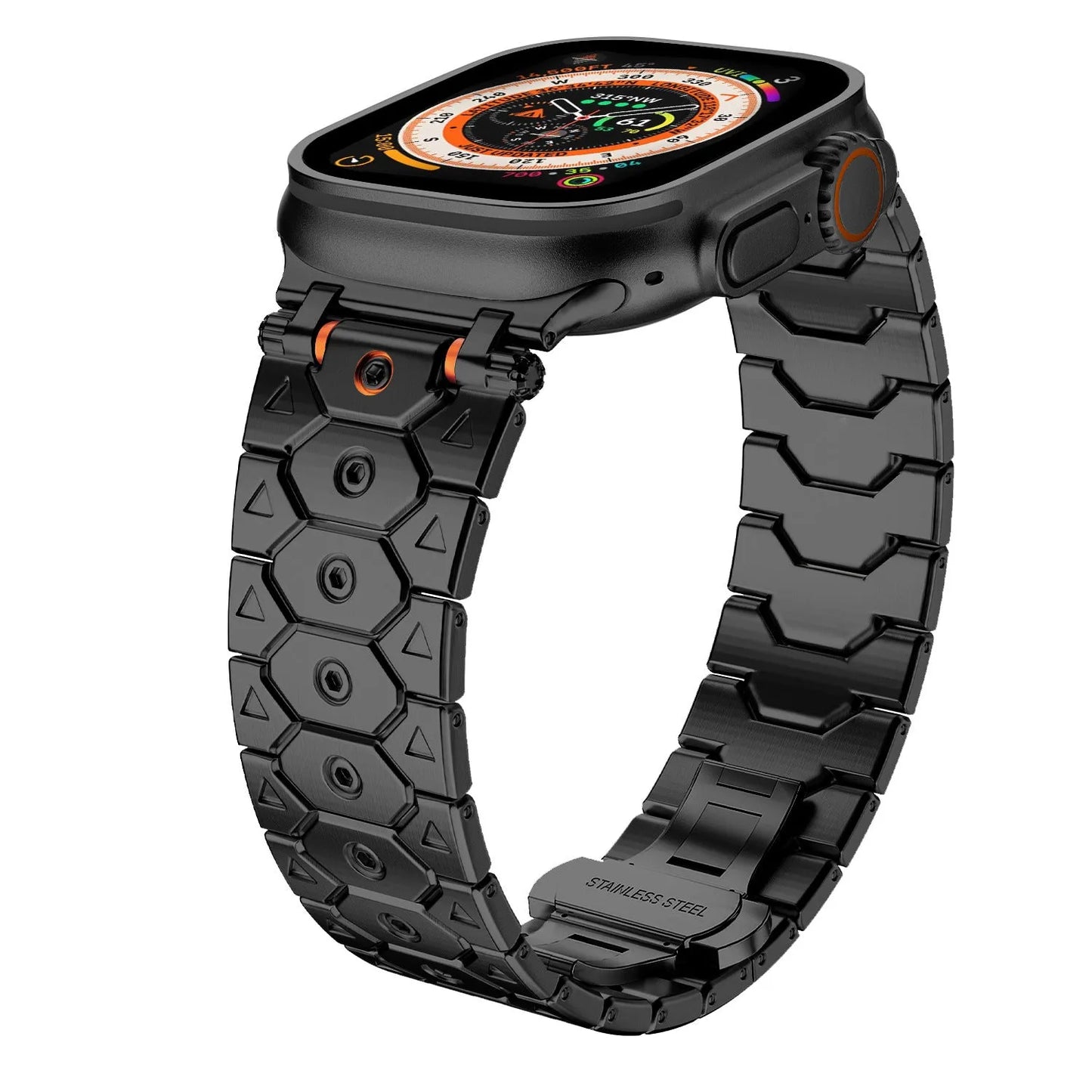 Stainless steel mesh watch strap shown in silver, compatible with iPhone watches, with adjustable clasp.