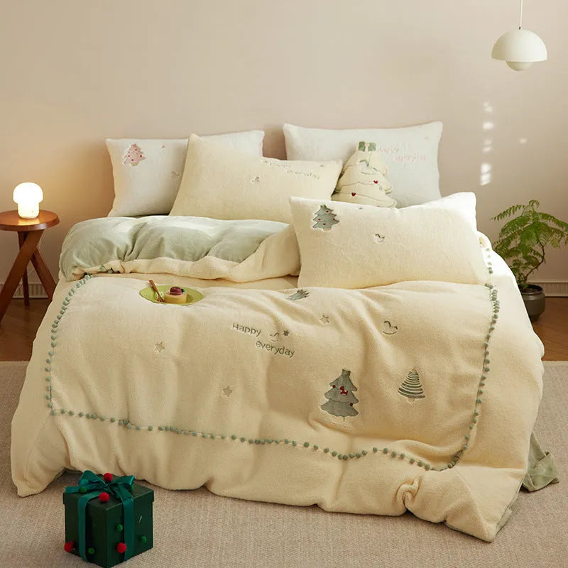 Winter Milk Fibre four-piece bedding set with Green Christmas Tree pattern on 100% cotton