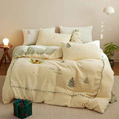 Winter Milk Fibre four-piece bedding set with Green Christmas Tree pattern on 100% cotton