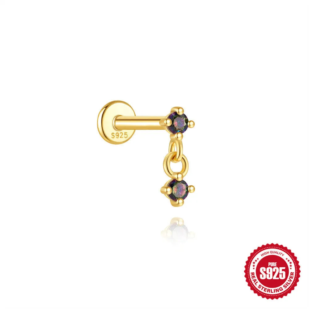 Sterling silver flat head thread piercing earrings with geometric shape and rainbow stone detail