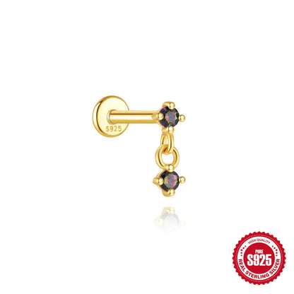 Sterling silver flat head thread piercing earrings with geometric shape and rainbow stone detail