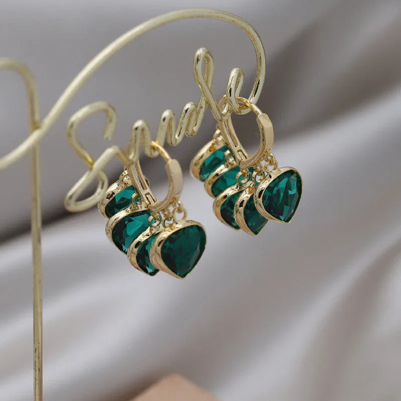 Korean style green heart pendant ear clip earrings for women with copper alloy construction