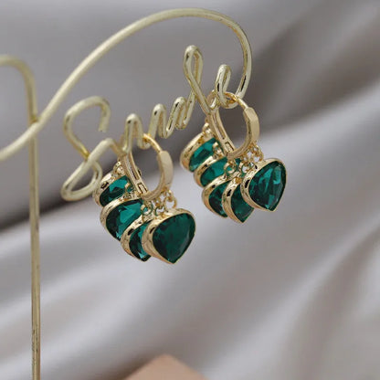 Korean style green heart pendant ear clip earrings for women with copper alloy construction