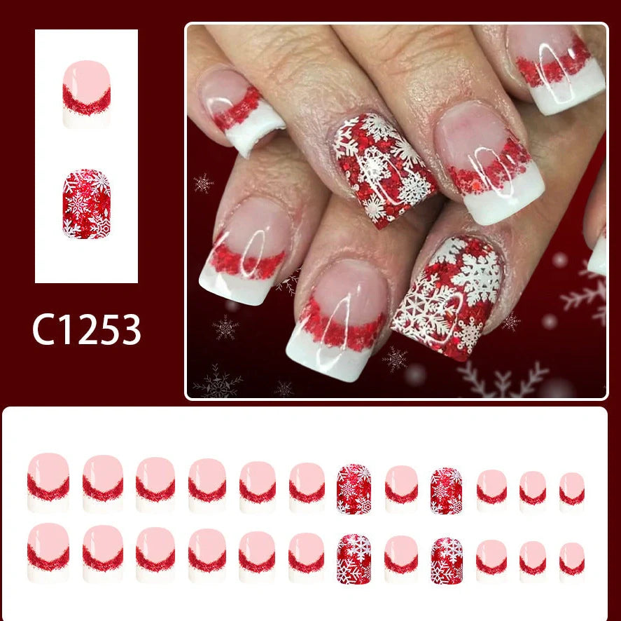 Short glossy square false nails with white French tips for Christmas manicures