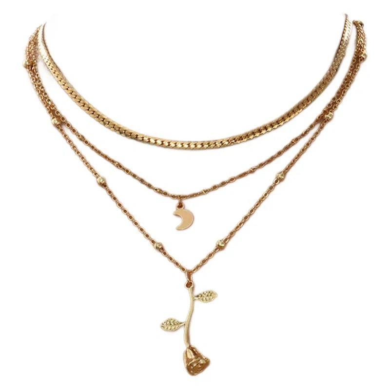 Bohemian multilayer gold pendant necklace with rose flower design on adjustable chain