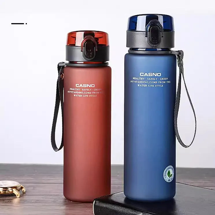 PC sports water bottle with lanyard in frosted finish colours showing leak-proof seal