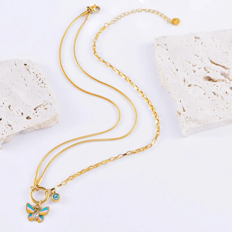 Gold Butterfly Fashion Suit Jewellery Set, Titanium Steel Snake Bone Chain with Animal Zodiac Modelling Necklace and Matching Bracelet for Women, Gift Package with Necklace Bracelet Pair