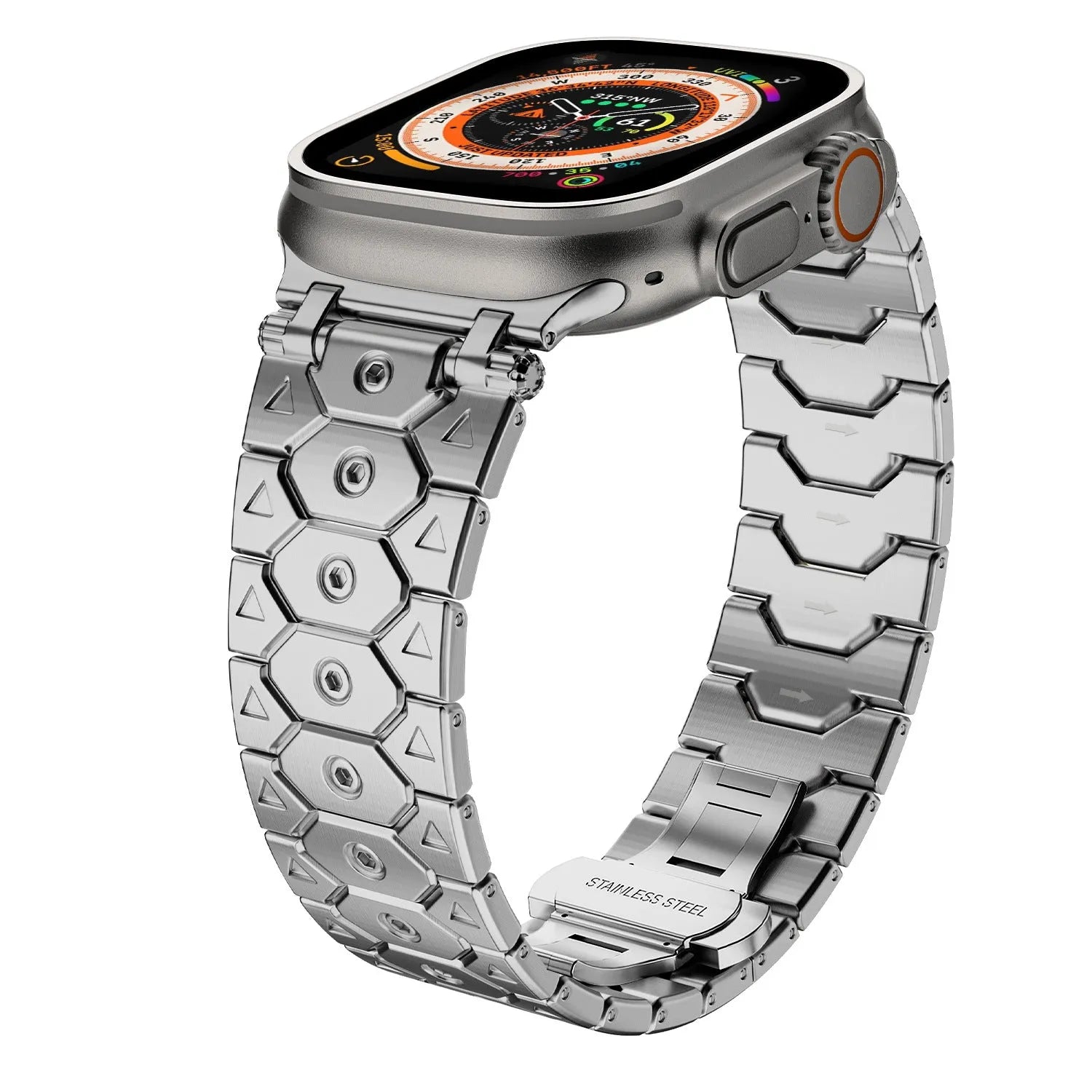 Stainless steel mesh watch strap shown in silver, compatible with iPhone watches, with adjustable clasp.