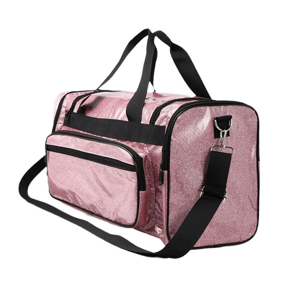 PU leather large sports handbag in blue with dimensions 48x26x22cm showing interior organisation