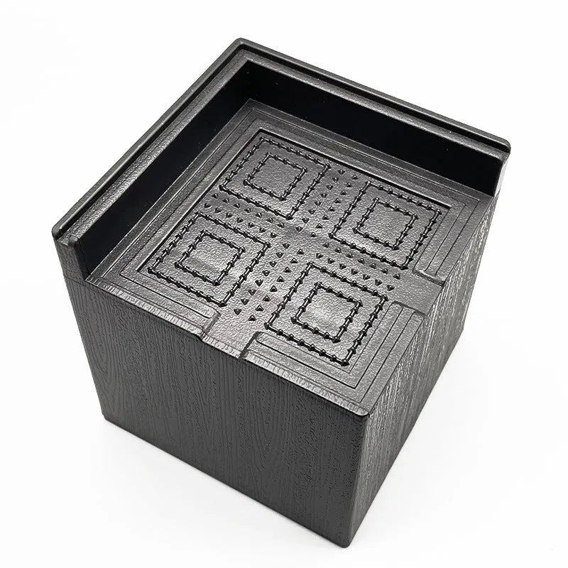 Four black plastic bed foot mats showing 2cm thickness and 10cm diameter for furniture levelling