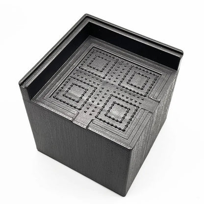 Four black plastic bed foot mats showing 2cm thickness and 10cm diameter for furniture levelling