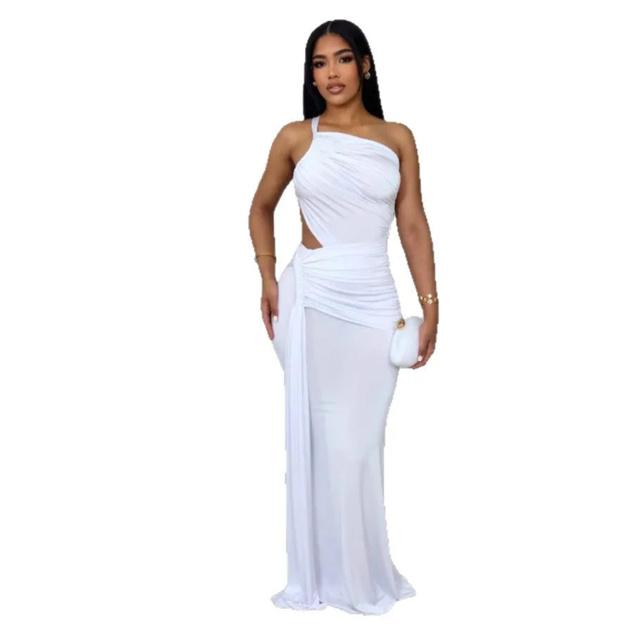 Women's solid colour one shoulder pleated dress in milk silk polyester fabric with long hip skirt