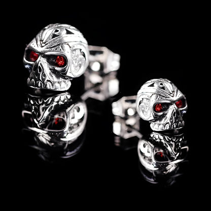 Retro red eye ghost head skull stud earrings with electroplated alloy construction and artificial gemstone inlay