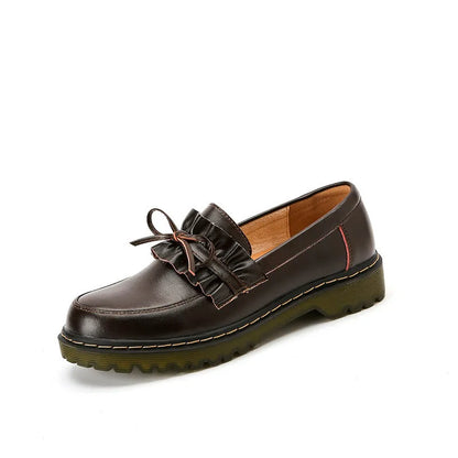 Black and brown women's leather shoes with round toe and chunky flat heel