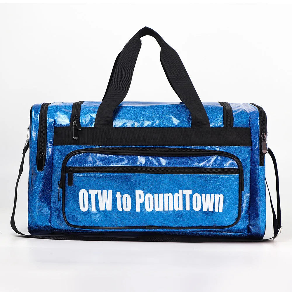 PU leather large sports handbag in blue with dimensions 48x26x22cm showing interior organisation