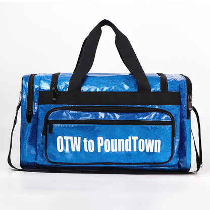 PU leather large sports handbag in blue with dimensions 48x26x22cm showing interior organisation