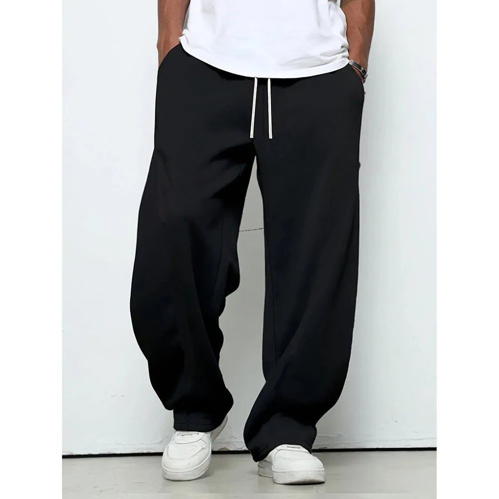 Men's straight leg casual trousers in grey with a micro-elastic drawstring waist.