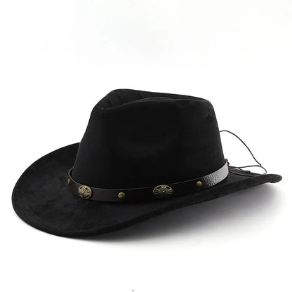 Brown leather velvet Western cowboy hat with curved brim and conical crown