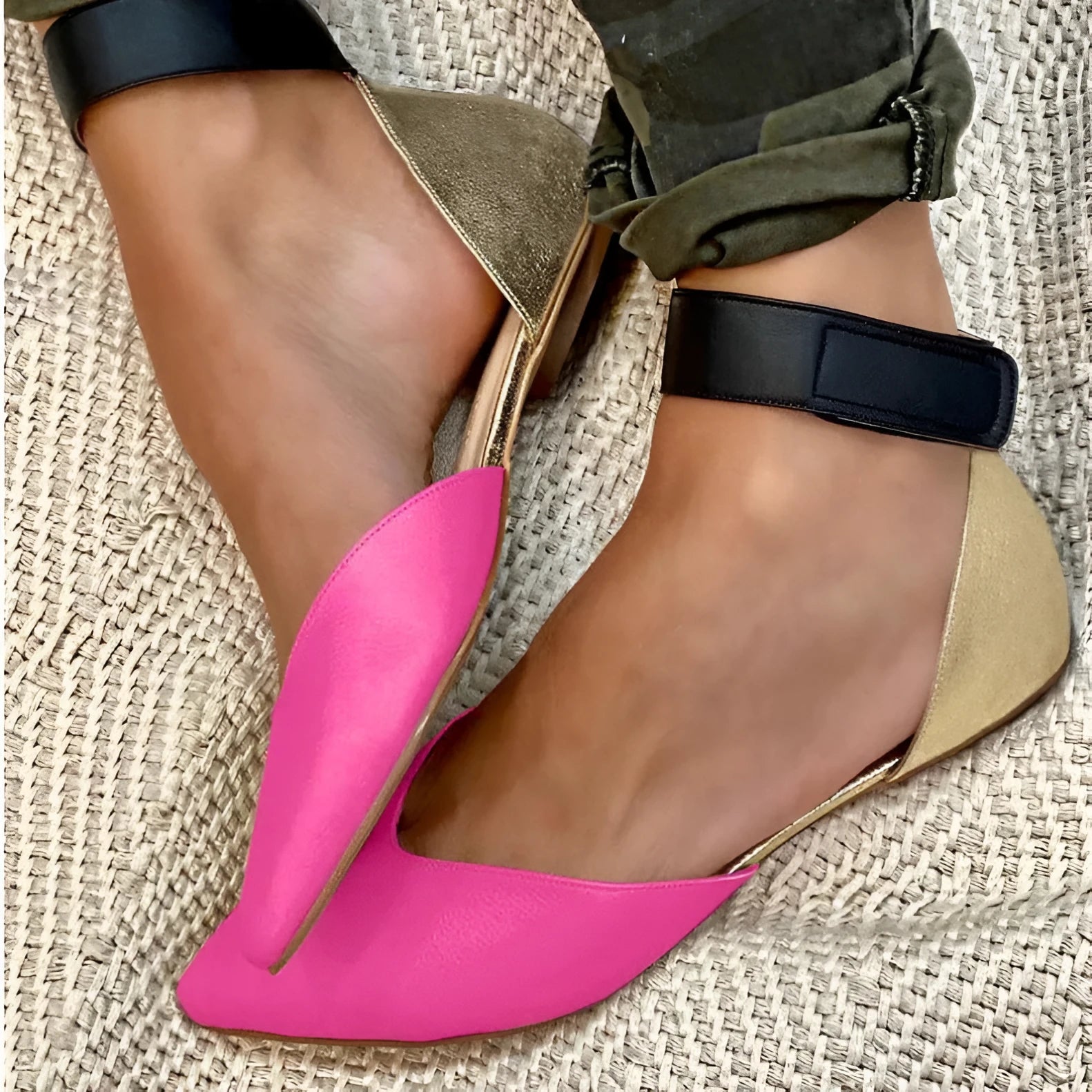 Women's beige Velcro fastening sandals with hollowed out design and flat heel