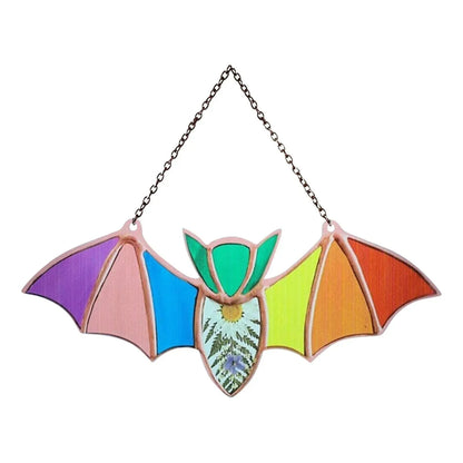 Acrylic bat-shaped wall pendant with modern art print, showing size and colour style options.