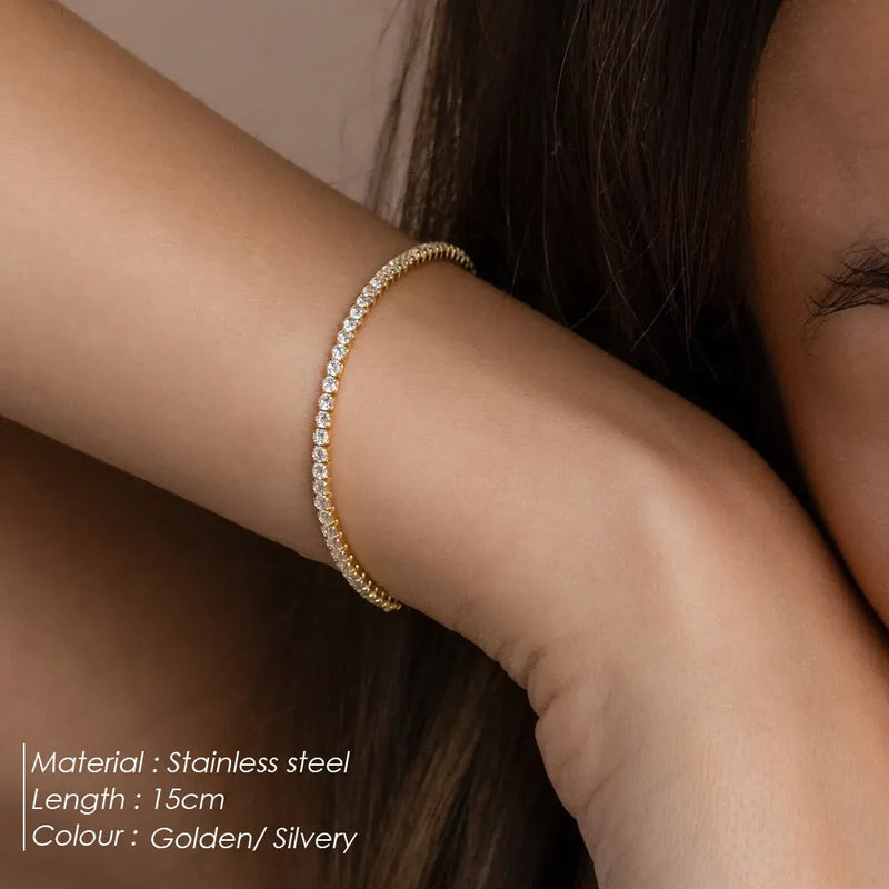 Single Row Round Zircon Tennis Bracelet in Stainless Steel with Rhinestone, Electroplated Finish, 18K Gold or Steel Colour, Women's Geometric Ins Style Jewellery for Travel Commemoration Gifts