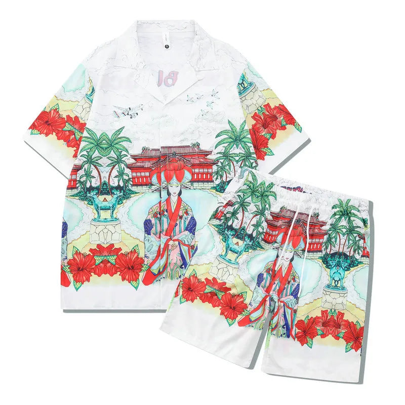 Plaid pattern beach outfit set with short sleeve shirt and trousers for teenagers