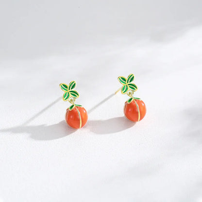 S925 sterling silver persimmon stud earrings with lucky fruit design and ED3325 colour finish