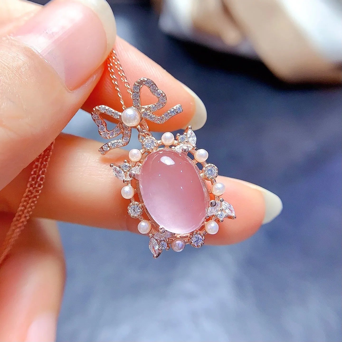 Natural pink rose quartz geometric pendant on 925 silver necklace with rose gold plating