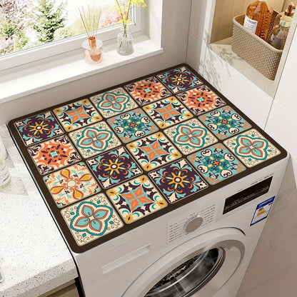 Square polyester washing machine mat with an abstract printed pattern, shown in one of eight available styles.