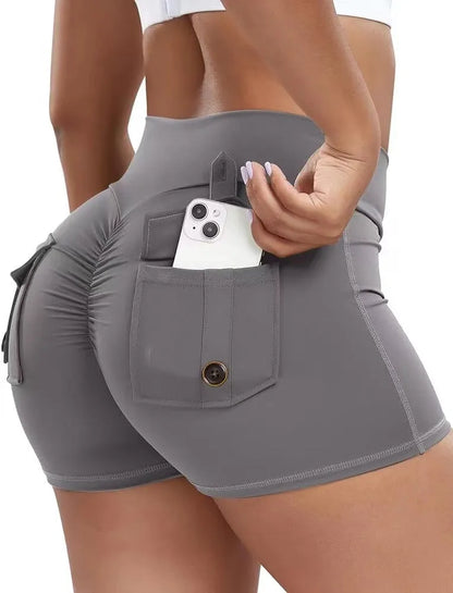 Grey women's tight-fit nylon workout shorts for running and yoga.