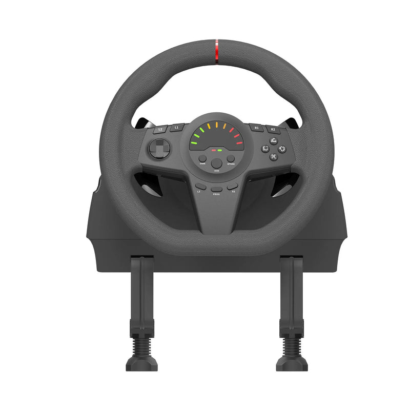 Multi-platform compatible steering wheel and pedal set with vibration feedback and paddle shifters, suitable for PC, PS3, PS4, XBOX ONE, XBOX Series X/S, and Nintendo Switch consoles via USB connection.