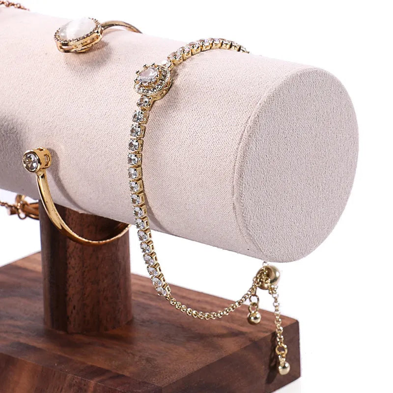 Walnut antique I-shaped wooden bracelet display stand with choice of velvet, leather or grey cylinder bases