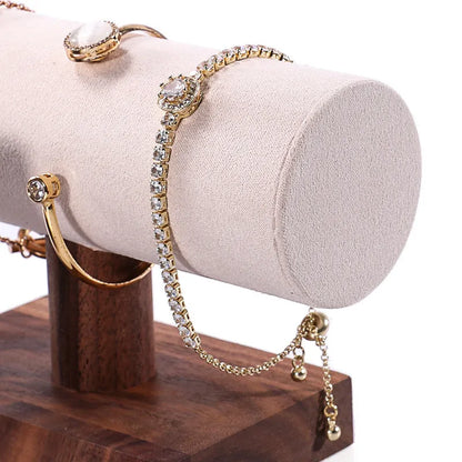 Walnut antique I-shaped wooden bracelet display stand with choice of velvet, leather or grey cylinder bases