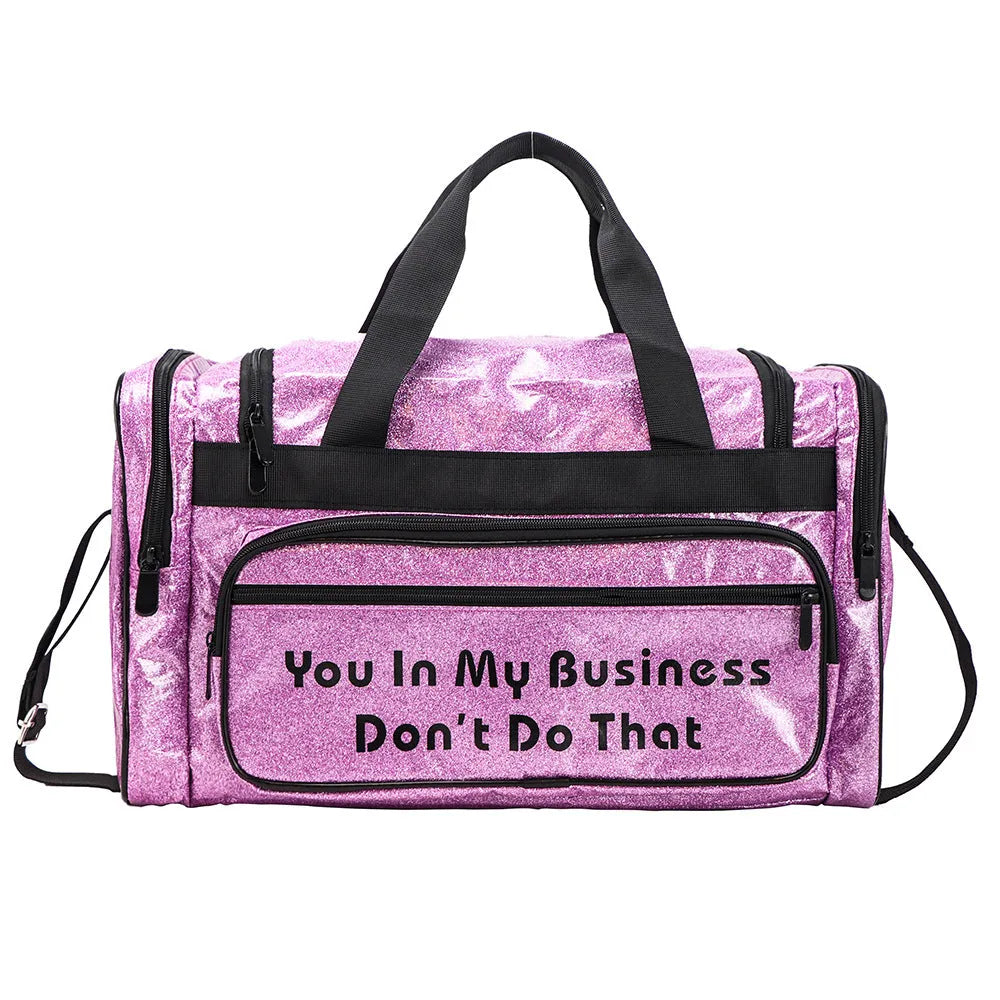 PU leather large sports handbag in blue with dimensions 48x26x22cm showing interior organisation